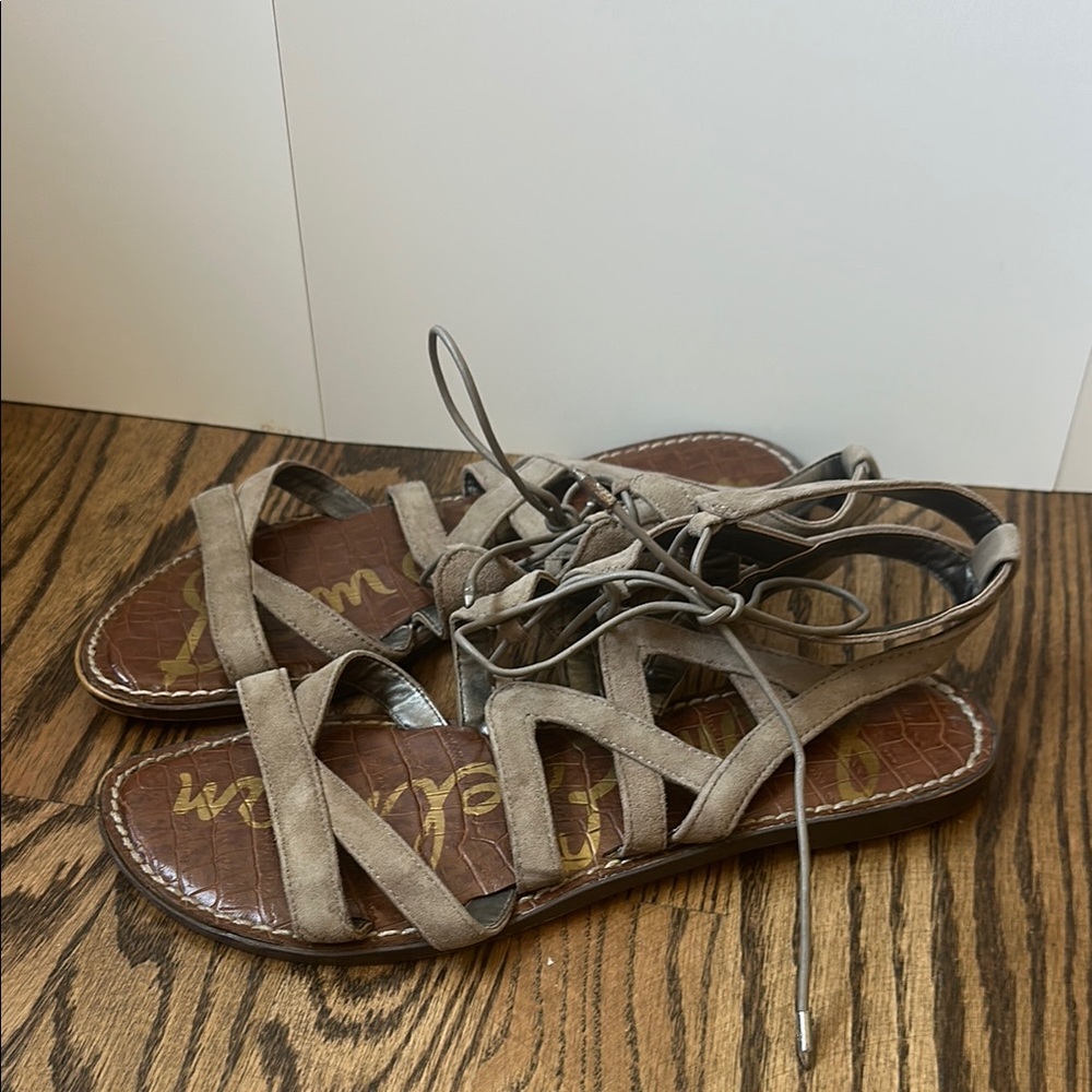 Sam Edelman Women's Taupe Suede Crisscross Lace-Up Sandals Sz 9